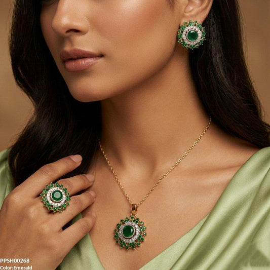 PPSH00268 SDQ Round Stone Flower Pendant Set - PPSH