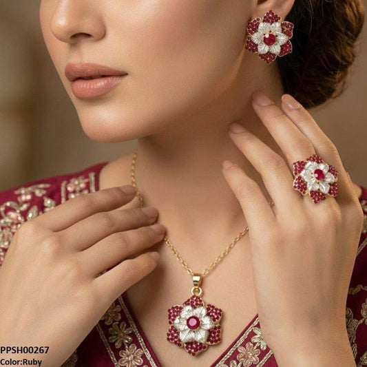 PPSH00267 SDQ Round Flower Pendant Set - PPSH