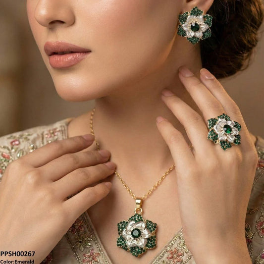 PPSH00267 SDQ Round Flower Pendant Set - PPSH